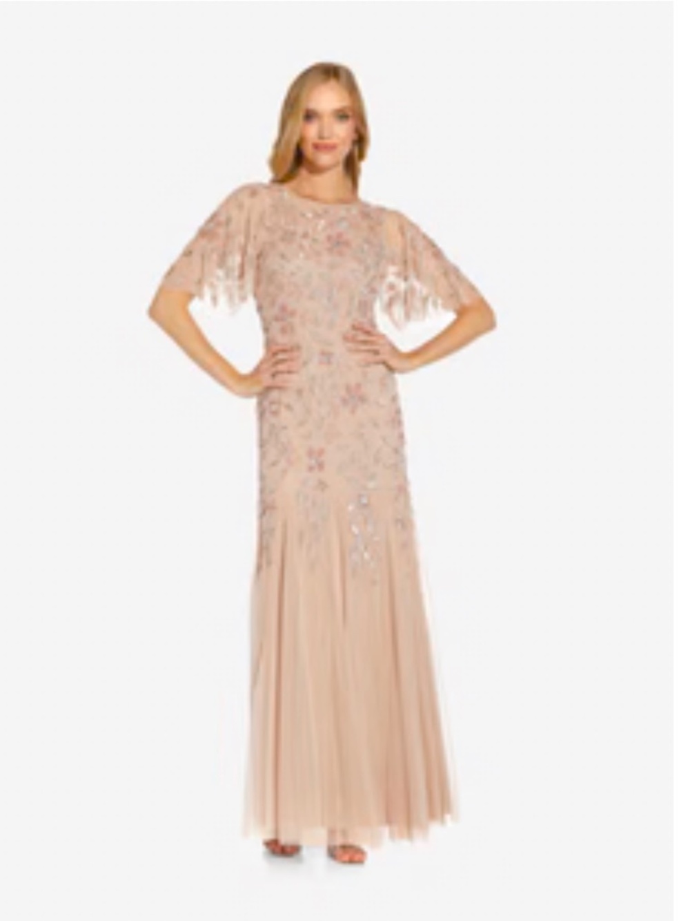 Adrianna Papell Long Floral Beaded Gown With Flutter Sleeves In Blush Size 14